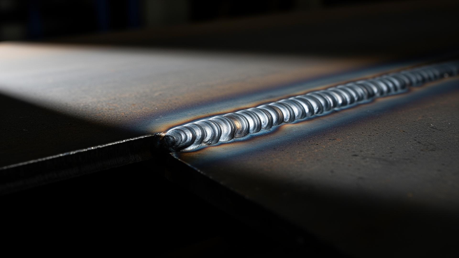 Close-up of a MIG weld bead on dark steel showing uniform ripples and slight heat tint