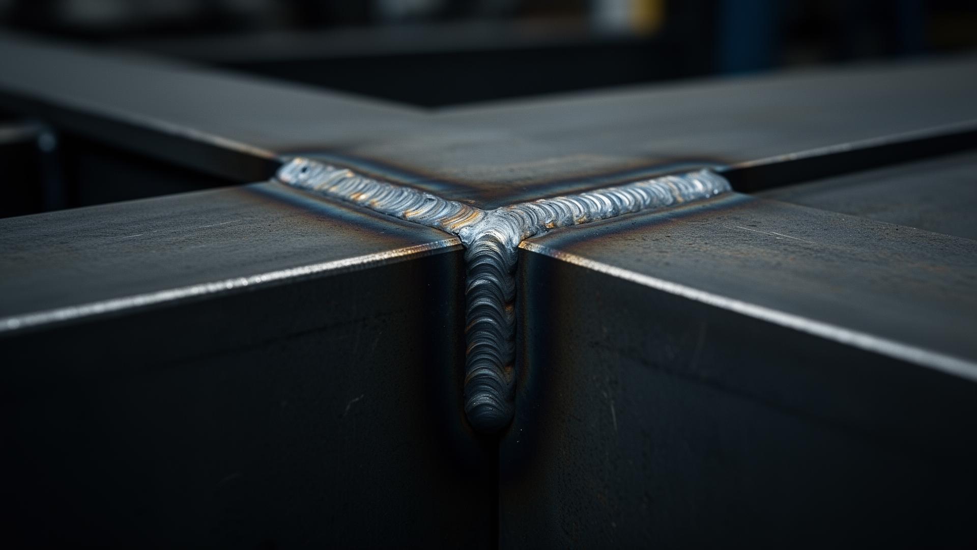 T-joint fillet weld between two steel plates, viewed from above